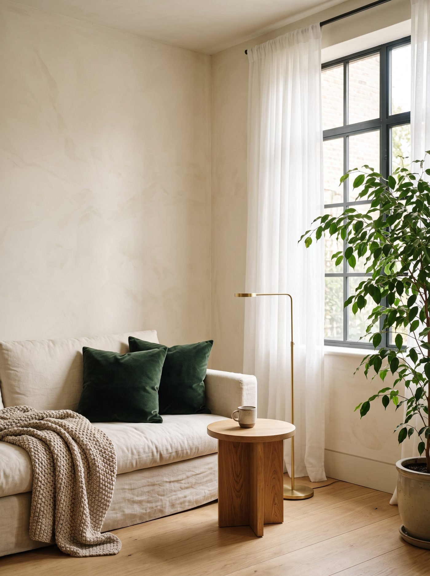 A cream linen sofa with green velvet cushions and a knit throw beside a sunlit window